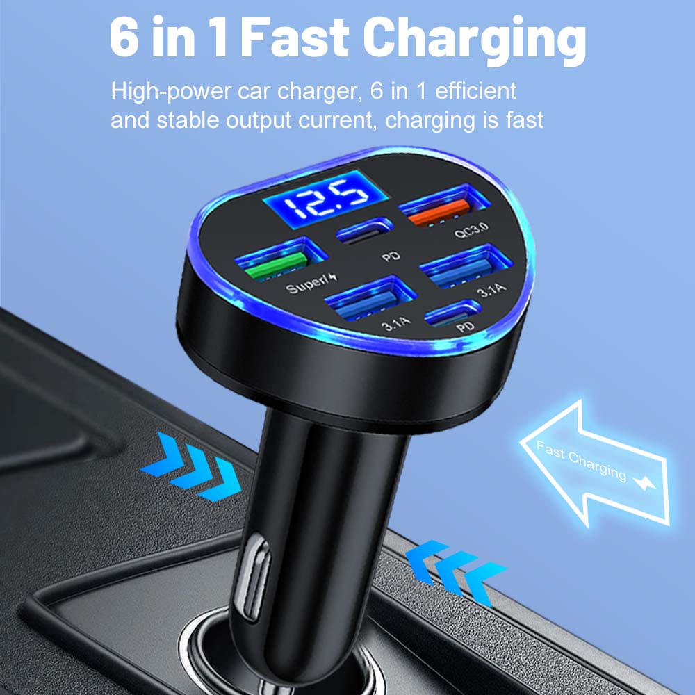 100W Car Charger PD QC3.0 6 Ports Fast Charging Adapter for IPhone USB Type C Socket Charger