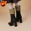 Color Blocking Pointed Toe Women's Half High Boots Elegant Heeled Leather Ladies Mid Calf Shoes Autumn Winter 2025 New Chic Boot