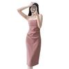 Temperament Spring and Summer New Folded French Pink Dress Waist High Sense Skinny Split Suspender Long Dress