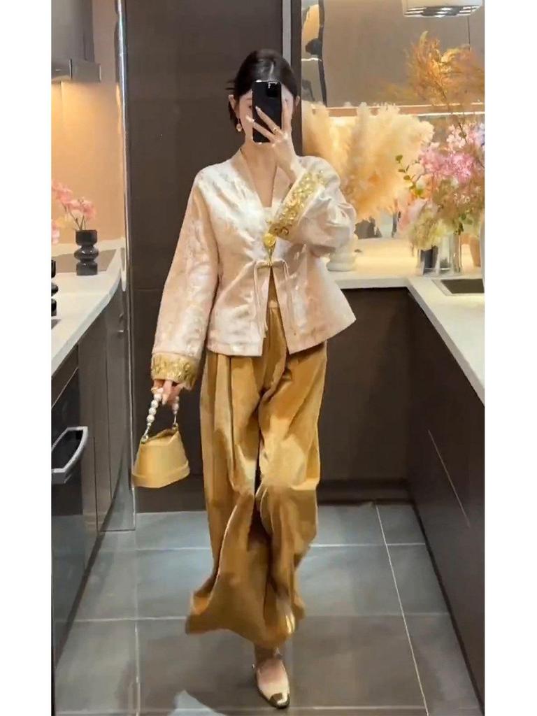 Autumn 2025 Modern Chinese Embroidered Frog Button Jacket & Wide-Leg Pants Two-Piece Set