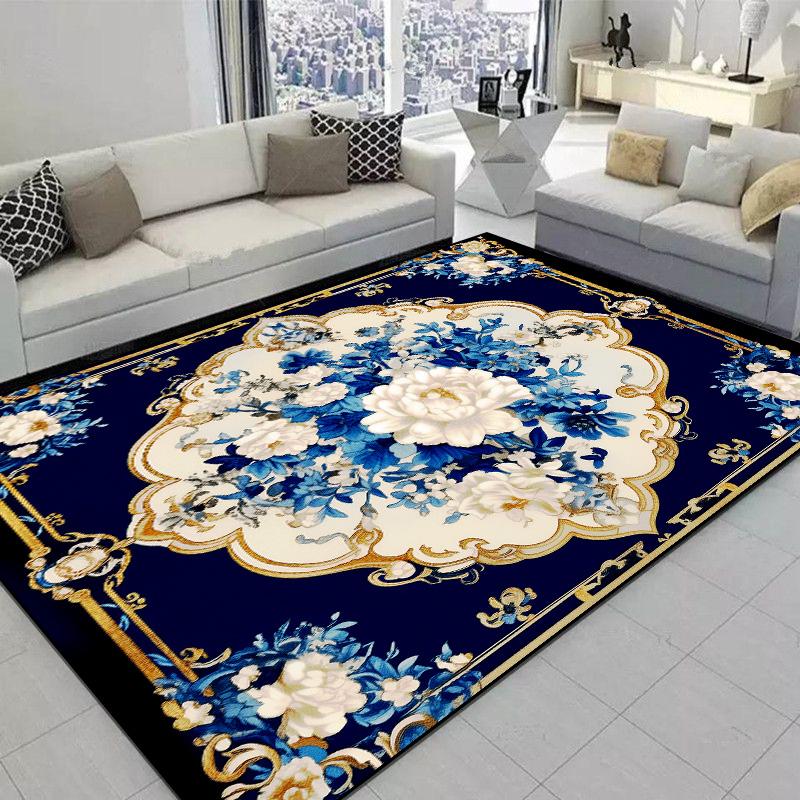 Carpet for Living Room European Classical Blue Flower Carpet Non-slip Bedroom Large Area Floor Mat Washable Cloakroom Lounge Rug