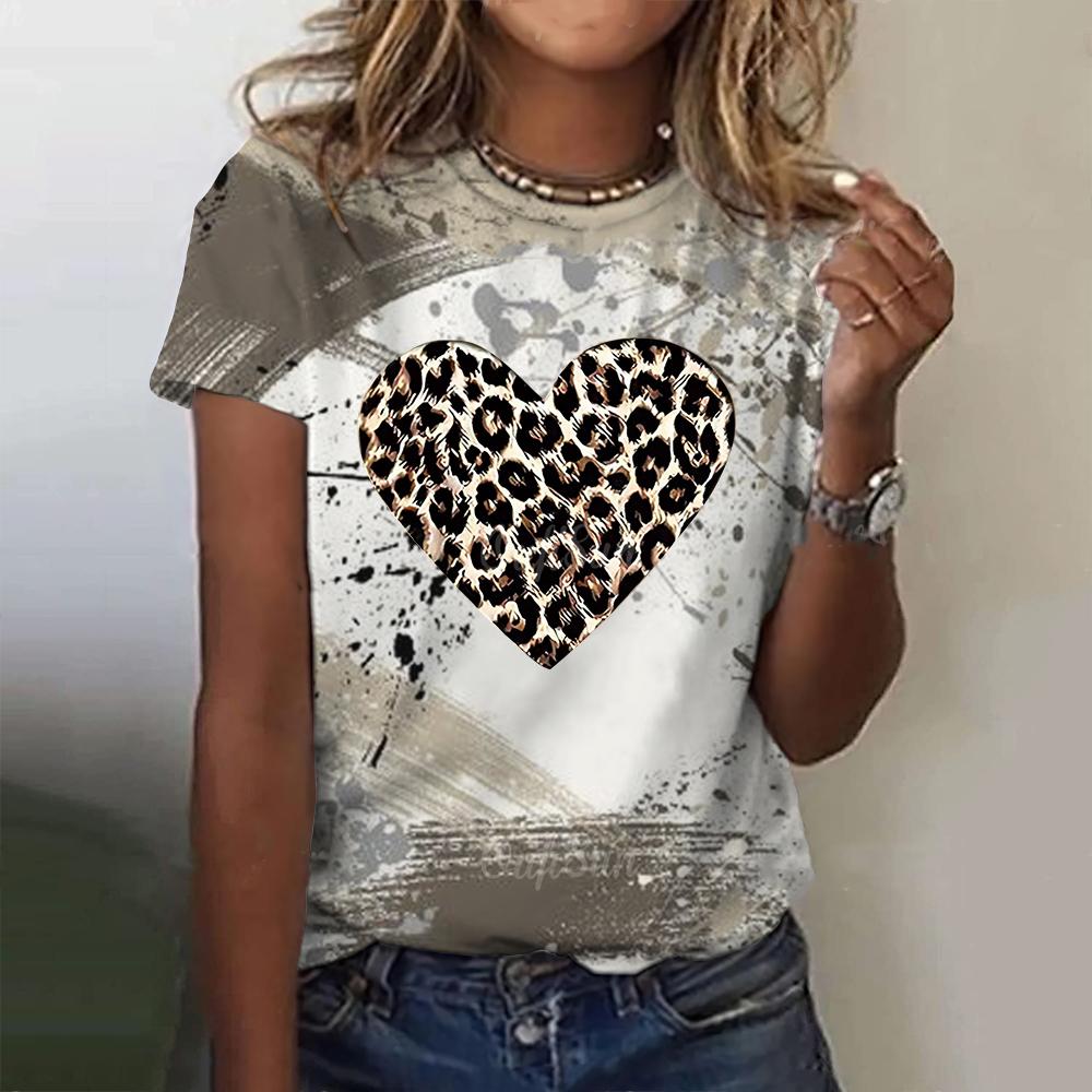 Módní leopardí trička Vzor srdce lásky 3D potisk Dámské tričko s krátkým rukávem a kulatým výstřihem Y2k Harajuku Tees Topy Dámské oblečení
