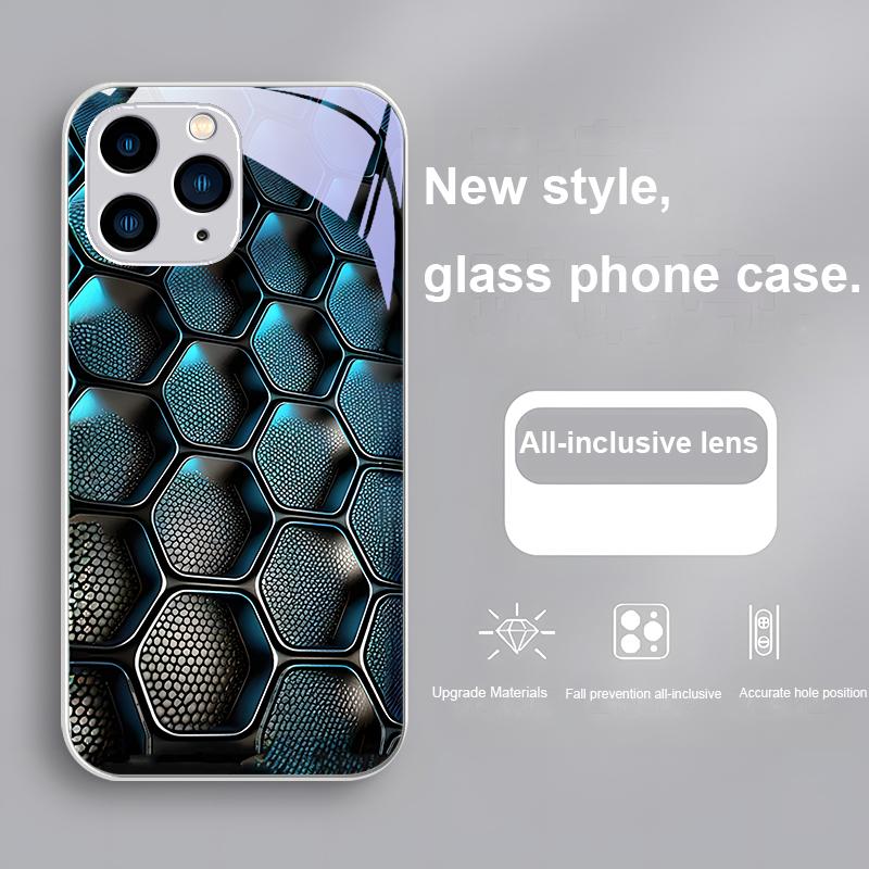 Blue Gradient Grid For IPhone 16 Plus 15 14 13 12 Mini 11 Pro Max X XS XR 7 8 Plus 2022 Tempered Glass Phone Case