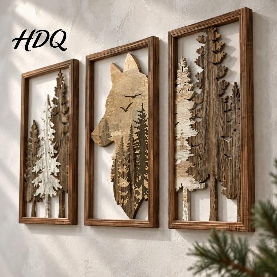 Vintage Style Wood Sculpture 3Pcs Wooden Forest Wolf Wall Decorations Decorative Hanging Ornaments Rustic Hollow Carved Pine Head Decor Tree Art for