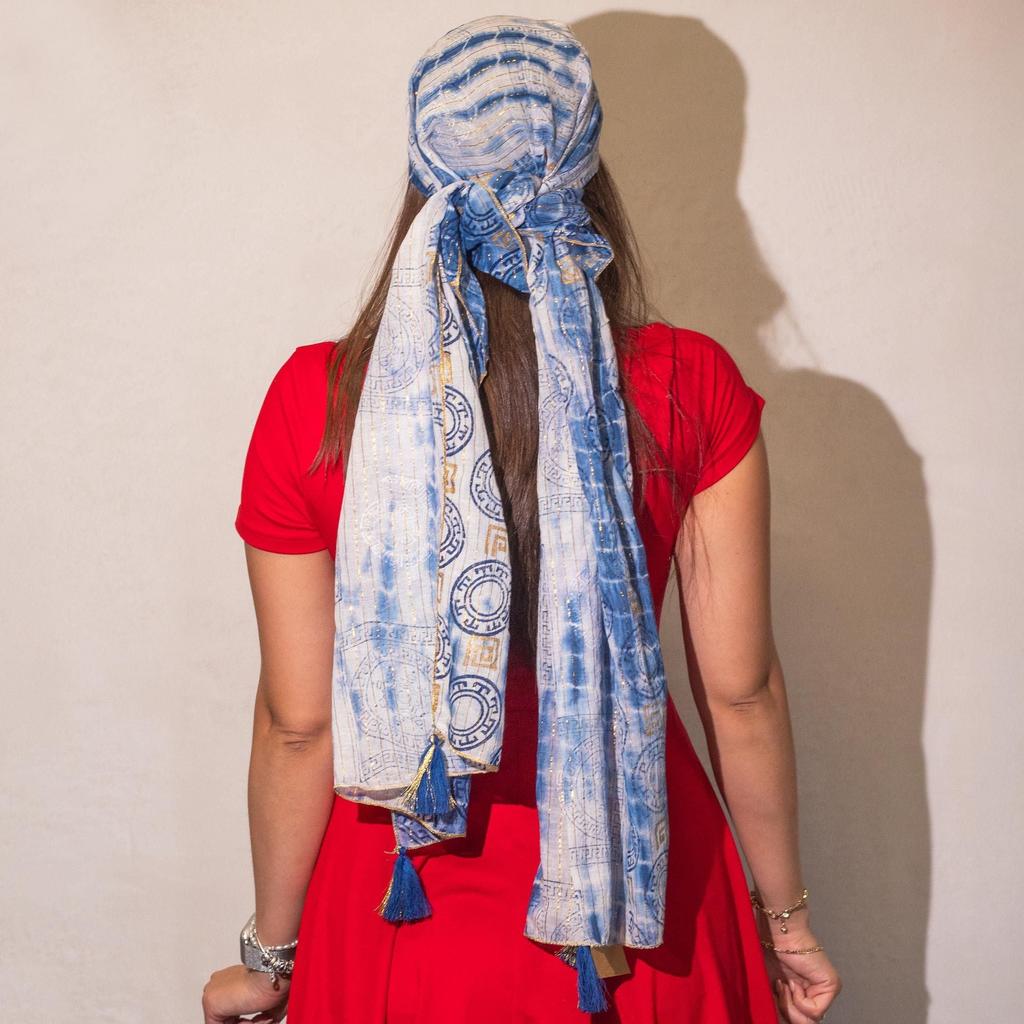Nomad Sari Summer Marbella Print Scarf – Blue with Gold (180x50cm)