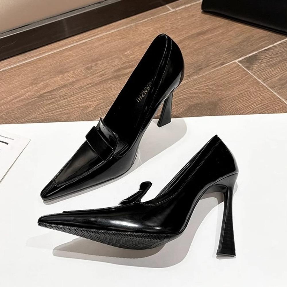 High Heels Women's 2025 New Retro Pointed Royal Sister Single Shoes Casual Business Black Thin Heel Patent Leather High Heels