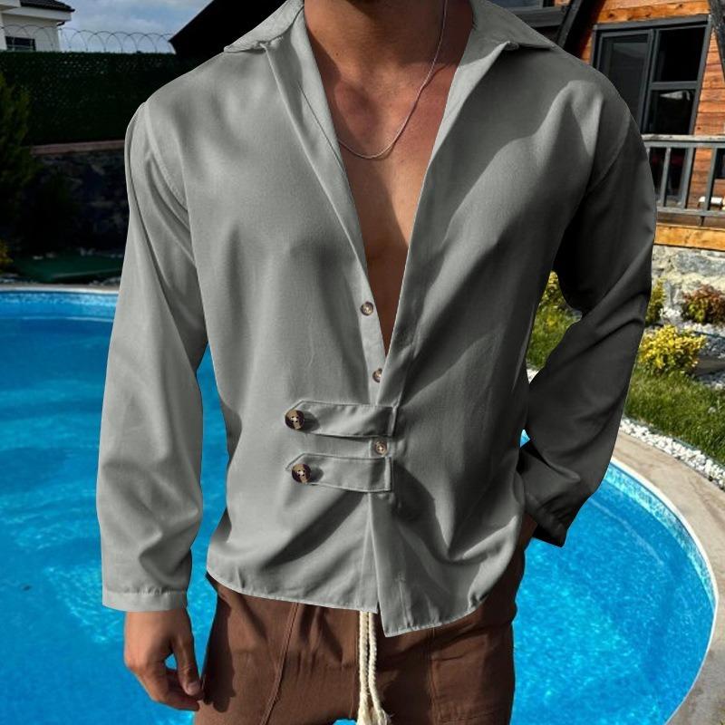 Mens Solid Color Casual Lapel Long Sleeve Shirt