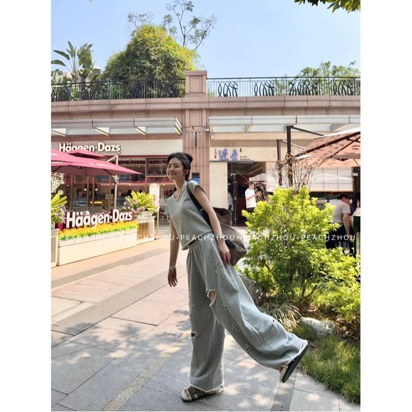 Women Ripped Rolled Edge Terry Wide Leg Pants Elastic High Waist Straight Casual Trousers Korean Streetwear 2026 Spring