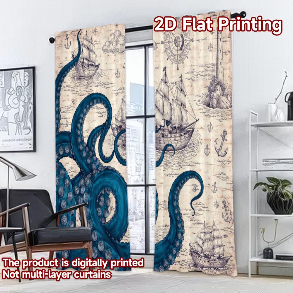 2D FLAT PRINTING 2pcs Curtains (Without Rod) Octopus and Sailing Ships Fashionable Modern Curtains Durable 100% Polyester Fabric