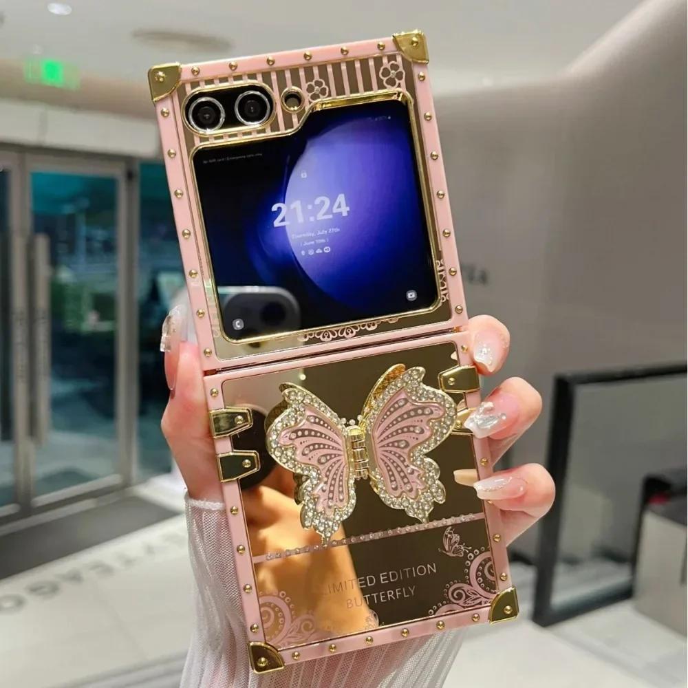 Cute Square Phone Case for Samsung Galaxy Z Flip 6 5 4 3 Flip6 Flip5 Flip4 Flip3 5G Luxury Bling Glitter Butterfly Stand Cover