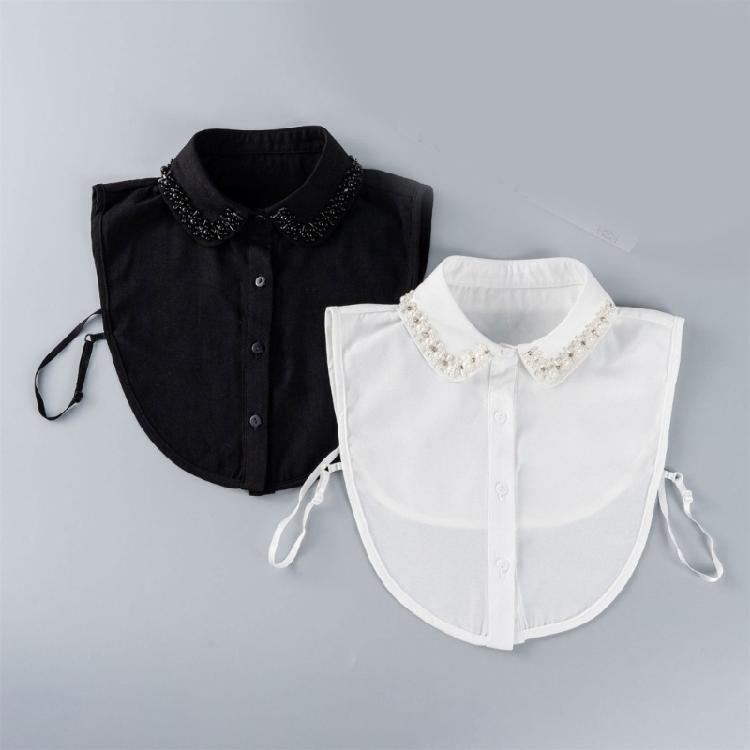 Travel Friendly Detachable Collar Easy Removable Button Faux Pearls Decors Polyester Half Shirt Blouse False Collar