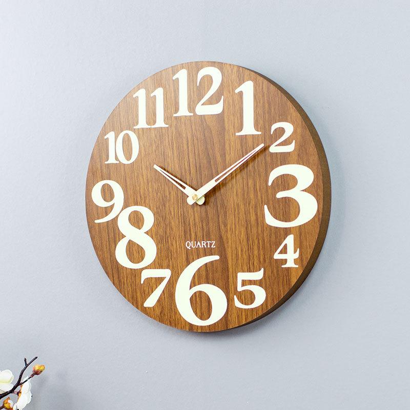 Luminous wooden wall clock, silent  wood grain, creative and light luxury style, living room simple quartz clock, 30cm