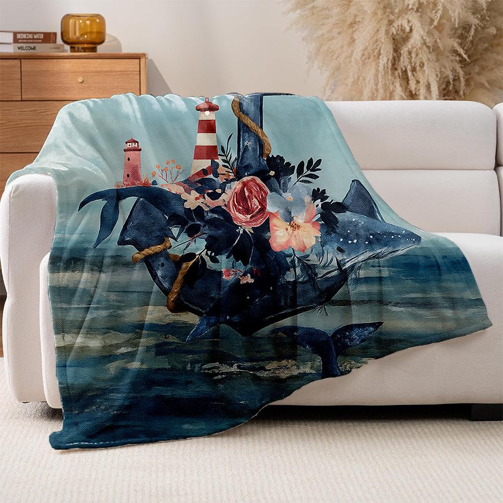 1pc Romantic Ocean Anchor and Whale Floral Print Blanket, High-Weight Flannel Fleece Throw | Beige-Friendly Warmth for All Seaso