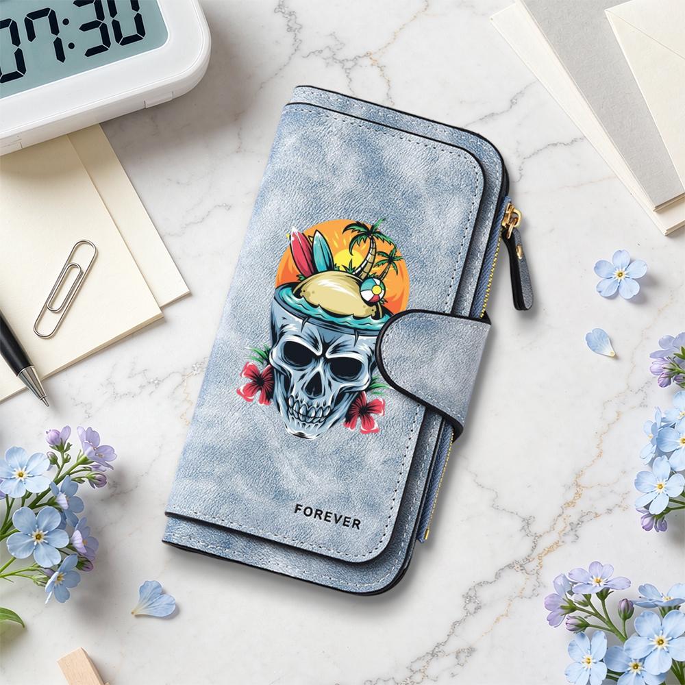 Skull Pattern Long Wallet Summer Beach Style Zipper Purse Forever Fashion Card Holder For Daily Use