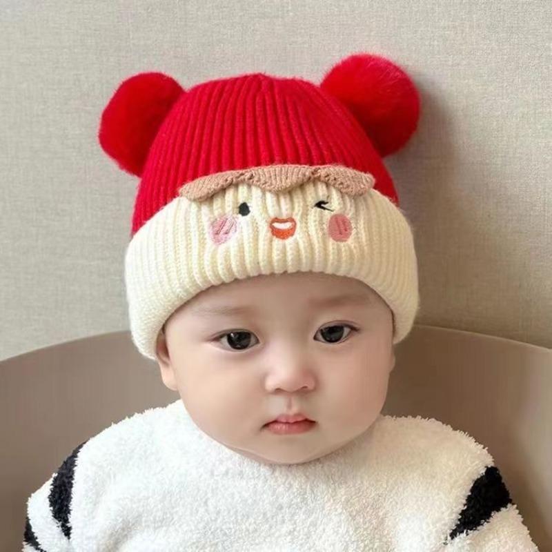 Baby autumn and winter cute cartoon warm hairball wool hat boys and girls baby ear protection hat children pullover knitted hat
