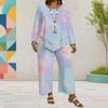 Women Plus Size Round Neck Long Sleeve Printed Layered Top Wide Leg Cropped Pants Two Piece Set