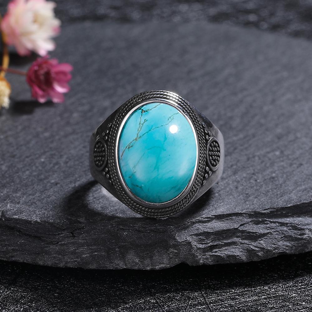 Silver Rings Large Natural 10x14MM Black Agate Ring for Women Men Silver Party Jewelry Tiger Eye Turquoise Lapis