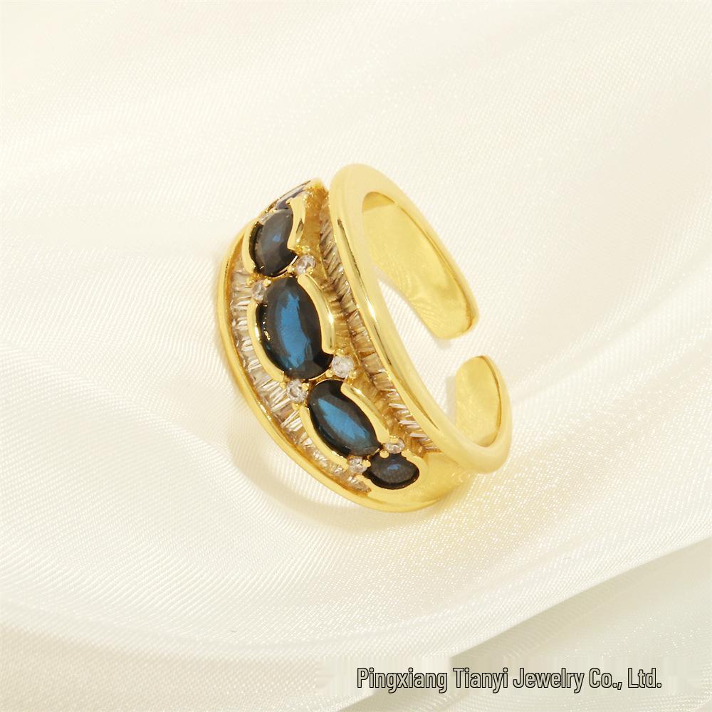 

Винтажное кольцо в стиле INS в форме яйца с синим цирконом, медь с покрытием 18К, открытый дизайн Adjustable Open