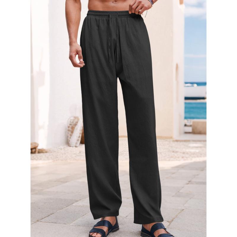 Męskie lniane spodnie Lekkie ze sznurkiem Elastyczna talia Luźny krój Proste nogawki Spodnie z kieszeniami Oddychające Plażowe do jogi do pracy Lniane spodnie dla mężczyzn