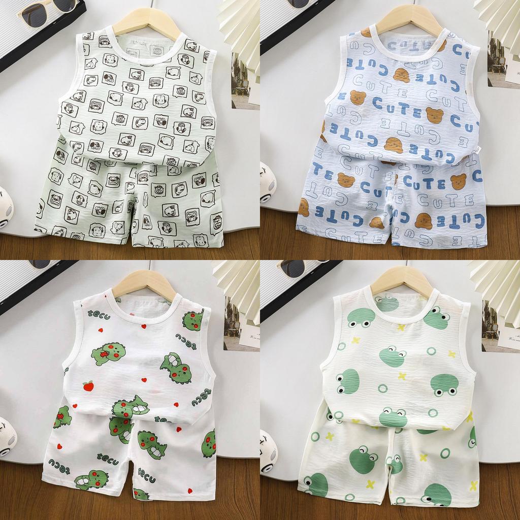 Baby Cartoon Sleeveless Vest And Shorts Summer Set For Toddler Boys And Girls