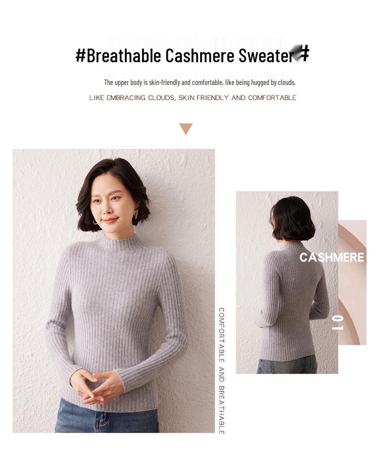 Slim-Fit Striped Cashmere Sweater for Women - Autumn/Winter 2026 Collection, Half-High Neck, Soft Solid Color Knitwear
