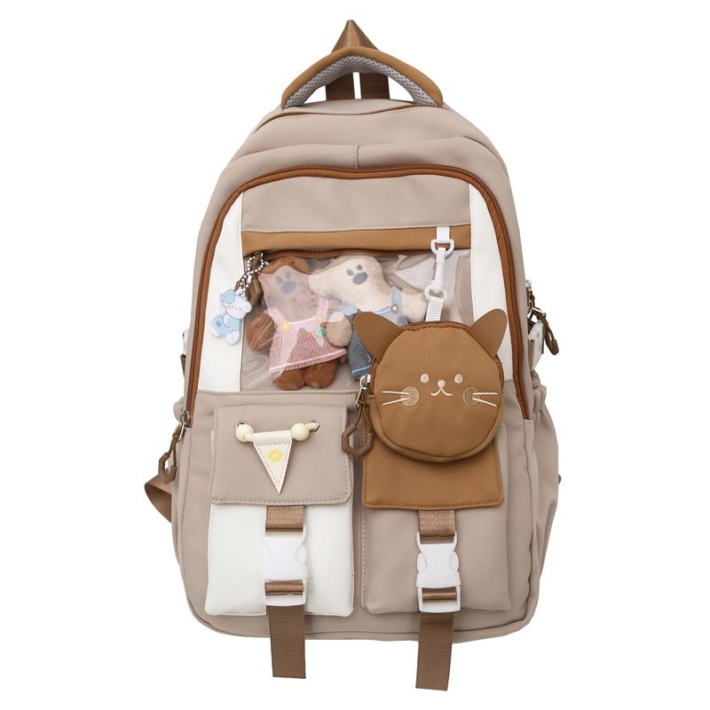 Large Capacity Student Schoolbag Women's Cat Pattern Backpack Color Contrast Backpack with Coin Purse