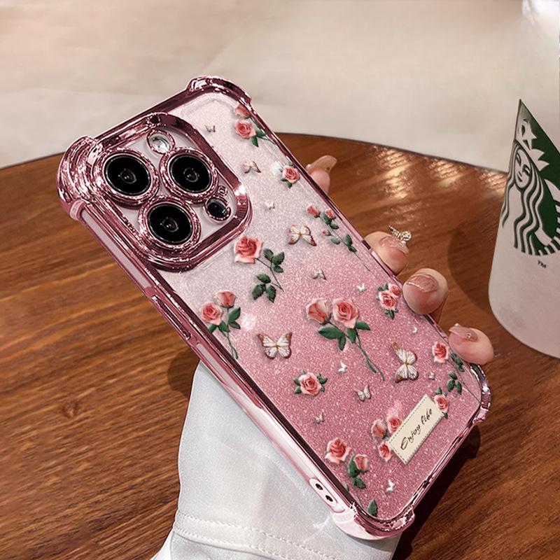Rose Butterfly Suitable for Apple 16pro Spring and Summer Mobile Phone Case 15 Four Corners Anti-fall 14 Electroplating 13 Transparent Silicone X