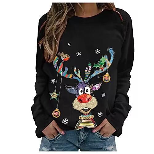 Women'S Cartoon Elk 3D Printing, Christmas Couple Personality Long-Sleeved Street Crew Neck Sweater