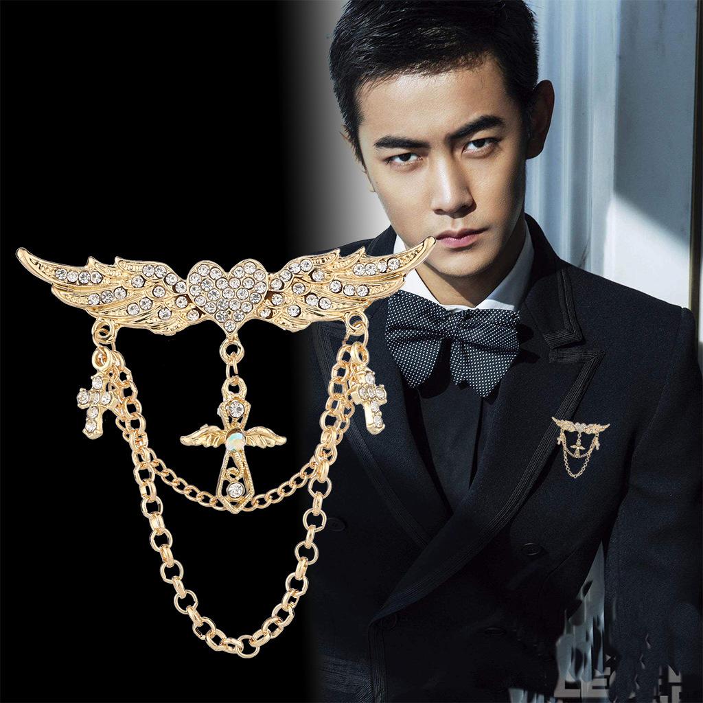 Men's Fashion Suit Brooch Simple Diamond Tassel Metal Wedding Dress Suit Brooch Collar Pin
