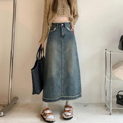 Raw Edge Denim Skirt Half-body Skirt Female Summer Retro High-waisted Package Hip Skirt Medium-length A-line Female Fashion Denim Bustier Skirt