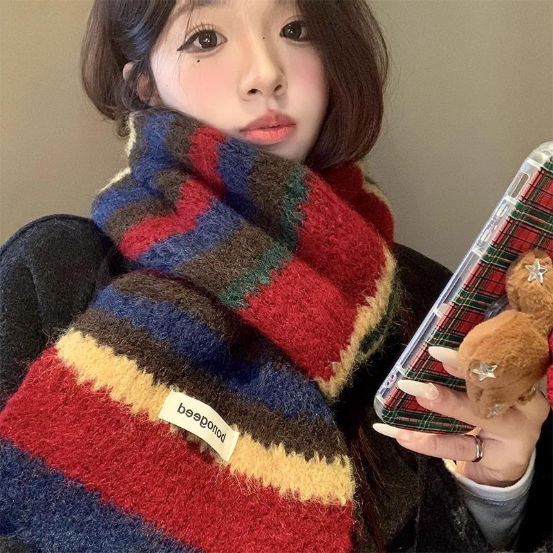 Imitation cashmere soft waxy striped knitted scarf women's autumn and winter Korean atmosphere thickened warm versatile scarf