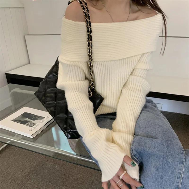 Svetr s vypnutým ramenem Ženy Podzim Zima Móda Jednobarevné Pletené pulovry s dlouhým rukávem Ležérní Elegantní elegantní svetr Černá