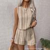 Women's Sleeveless Striped Tank Top and Shorts Set In Beige with Black Stripes | Casual Summer Two Piece Outfit