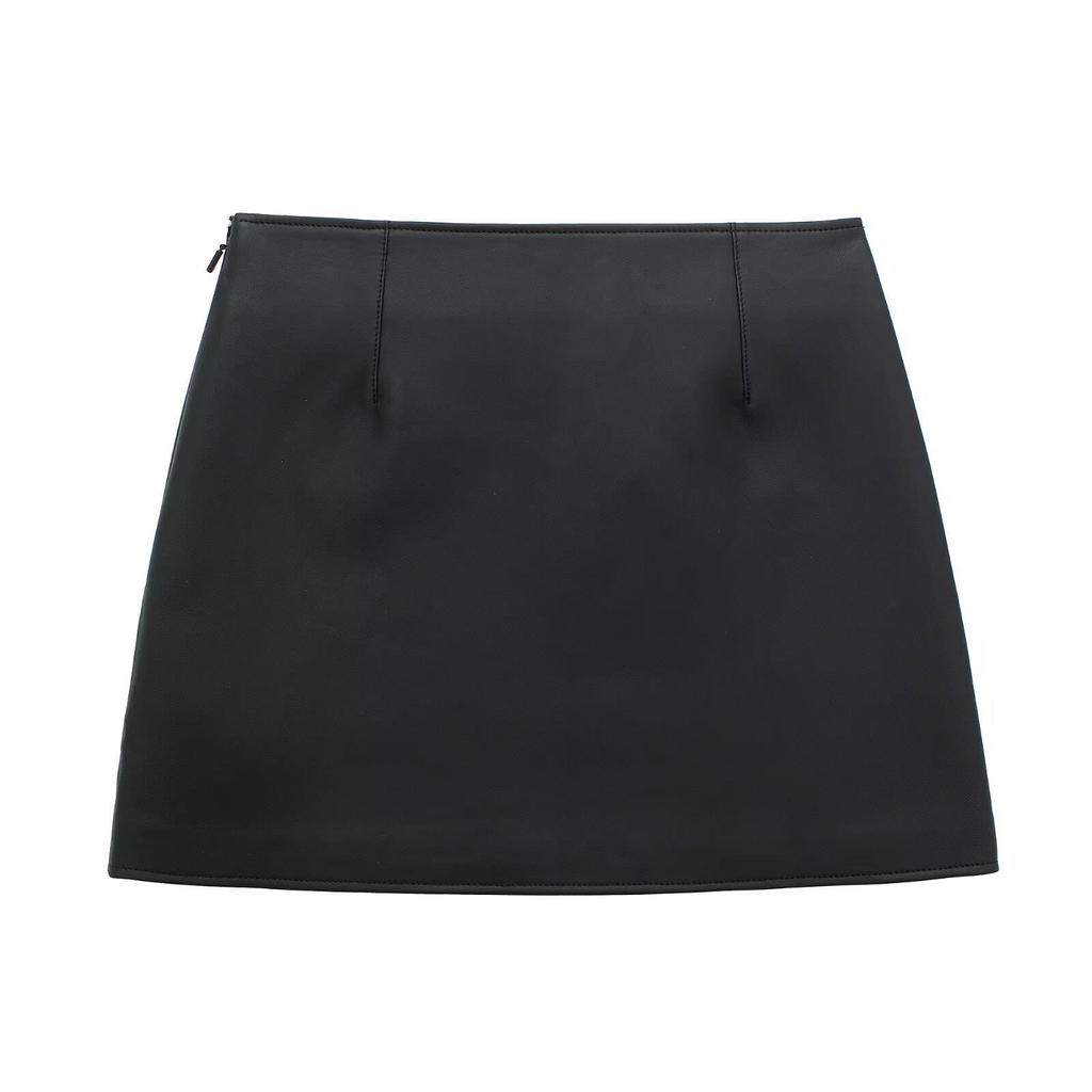 2025 Spring Women's Slim Temperament Leather Mini Skirt with Pocket Detail
