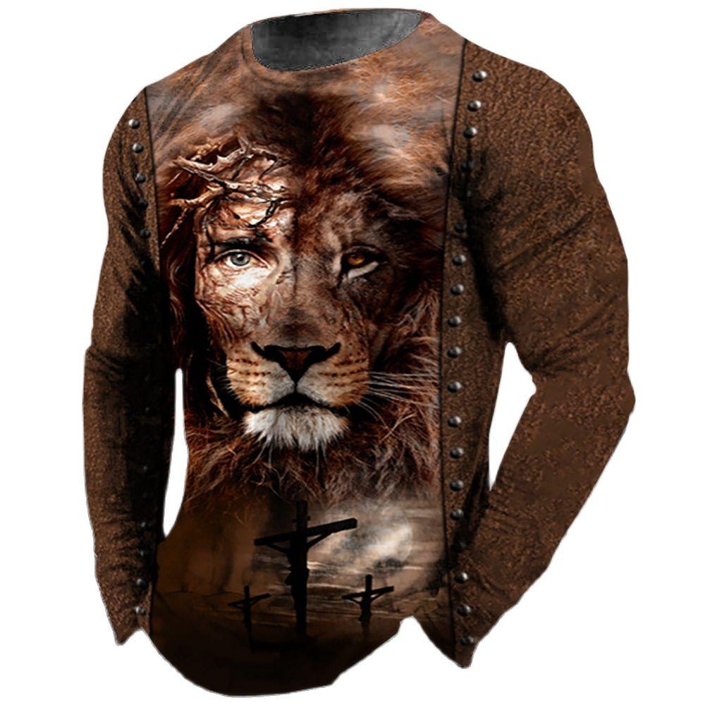 God Christ Jesus And Lion 3D Print Men's T-shirts Autumn O-Neck Long Sleeve Cotton Street Loose Tops Tees Oversized T Shirts 5XL