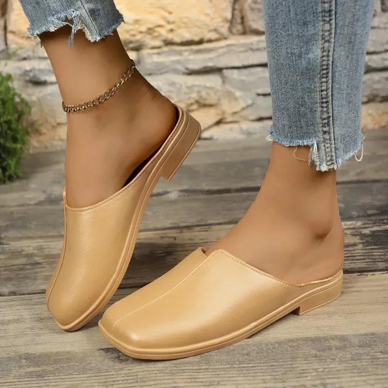 

Модная женская обувь в продаже 2025 Новые горячие распродажи Тапочки Женская мода Однотонные Повседневные Высокого качества Женские тапочки с квадратным носком на плоской подошве 40