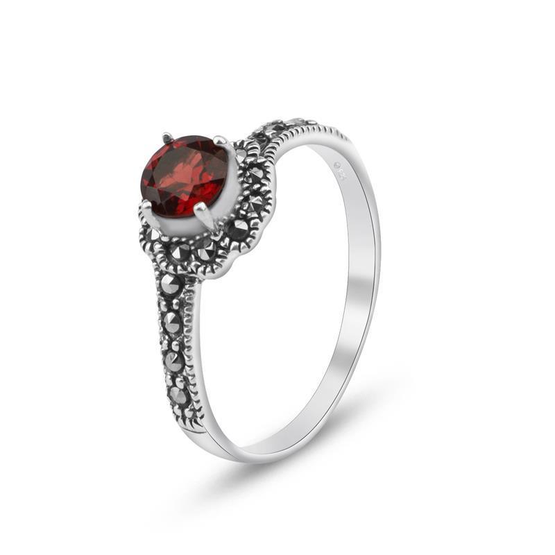 Elegant S925 Thai Silver Ring with Natural Garnet, Ruby, and Marcasite