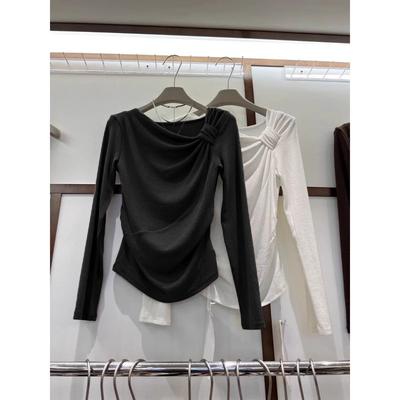 Solid Color Diagonal Neck Pleated Long-sleeved T-shirt Women's Autumn and Winter Bottoming Shirt Can Be Worn Inside and Outside German Velvet Top