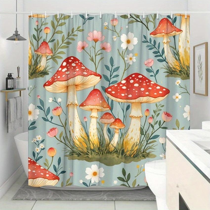 1pc Vibrant Mushroom & Green Flower Shower Curtain - Vintage Botanical Design, Red & White Mushrooms, Home & Bathroom Decor