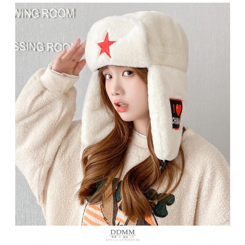 Warm Fleece Hat Women Men Winter Outdoor Cycling Windproof Ear Protection Cap With Red Star Design