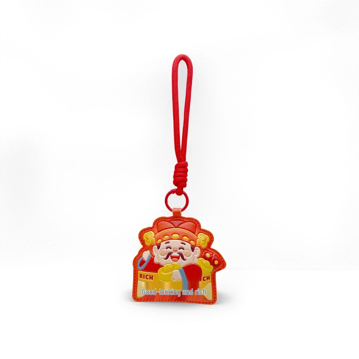 

New Year God of Wealth PU Leather Keychain with Red Rope Charm - Festive Gift красный