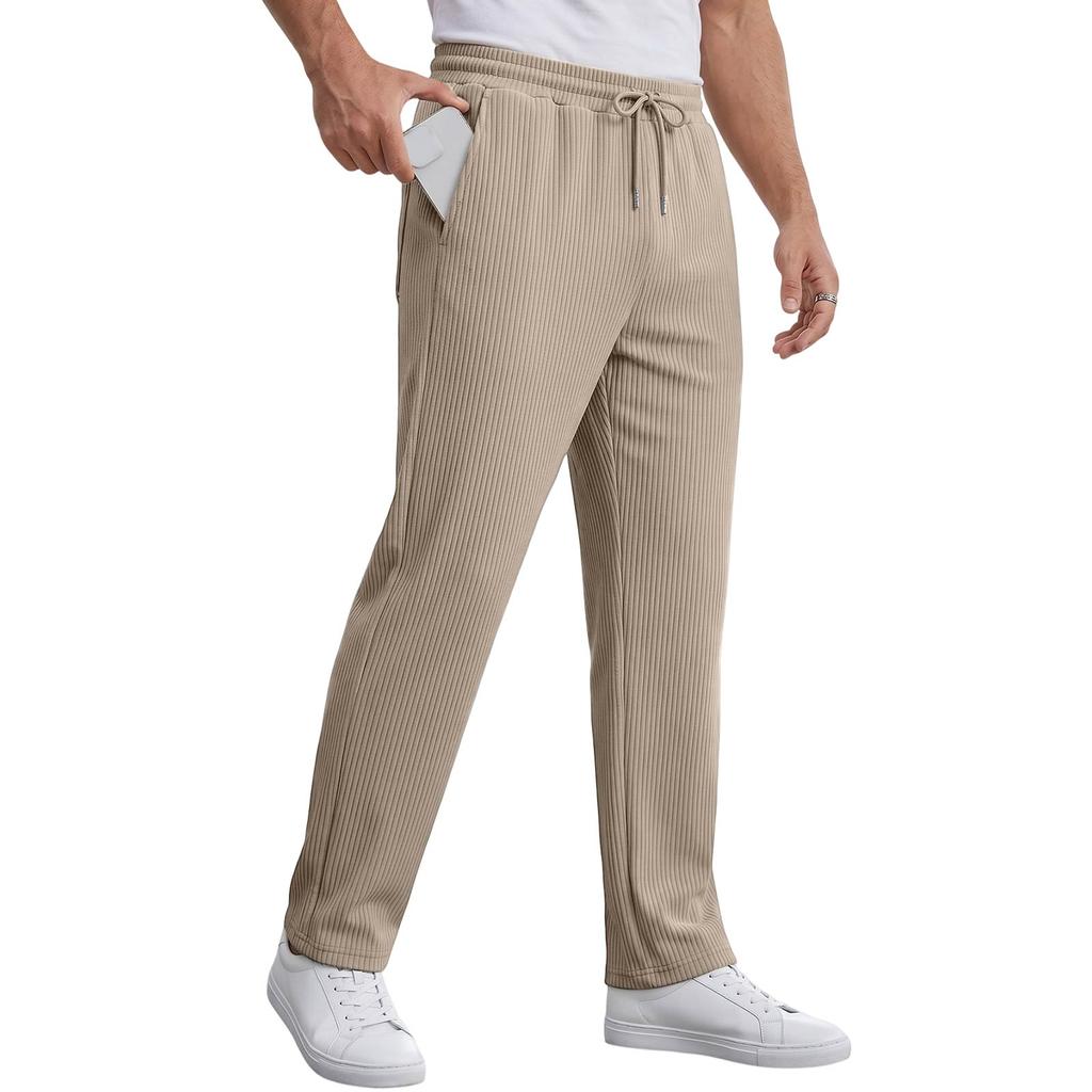 Men's Casual Loose Fit Straight Leg Pants with Drawstring and Stripes for Spring and