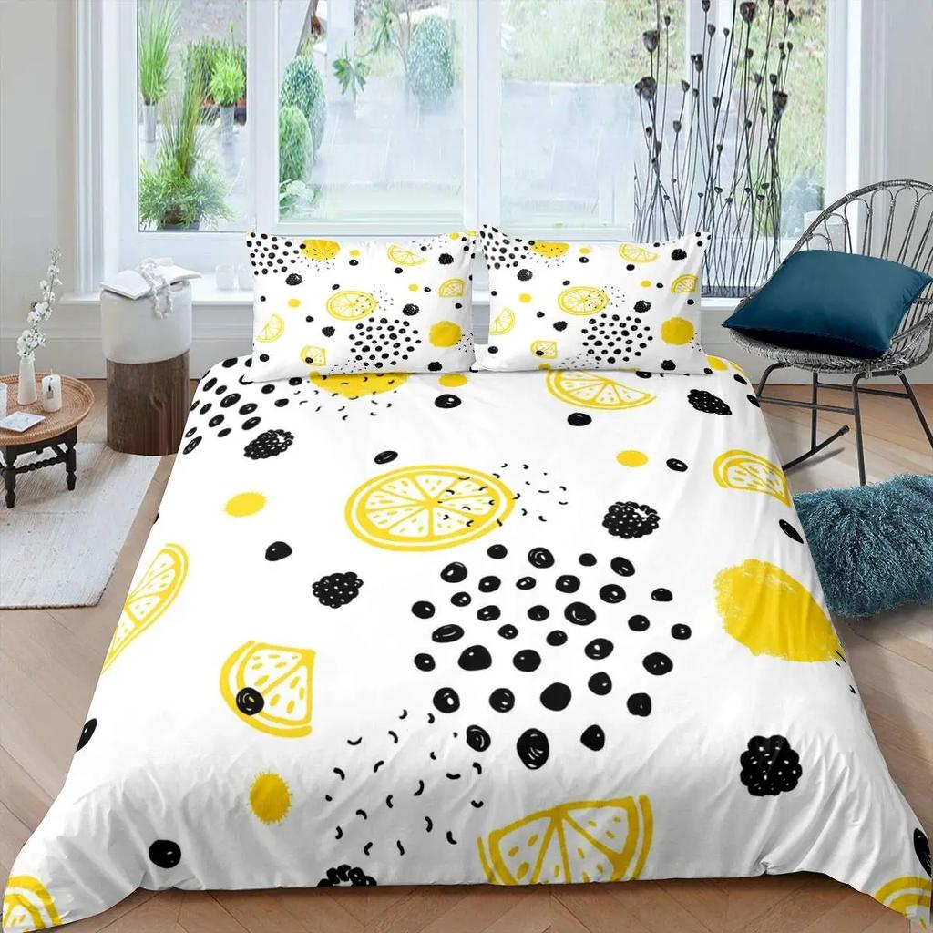 Lemon Duvet Cover Set,Bedding Set 3pcs for Teens Room,Botanical Natural Bright Yellow and Black Quilt Cover with 2 Pillowcases
