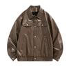 Men's Brown Faux Leather Bomber Jacket - Oversized Casual Streetwear PU Leather Jacket with Pockets