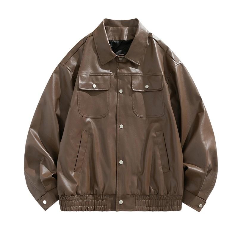Men's Brown Faux Leather Bomber Jacket - Oversized Casual Streetwear PU Leather Jacket with Pockets