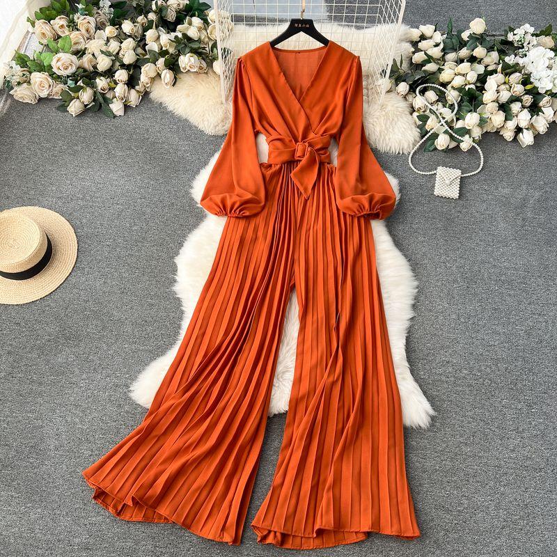 

Puff Sleeves V-neck Lace-up Waist-Tight Pleated Jumpsuit Orange One size