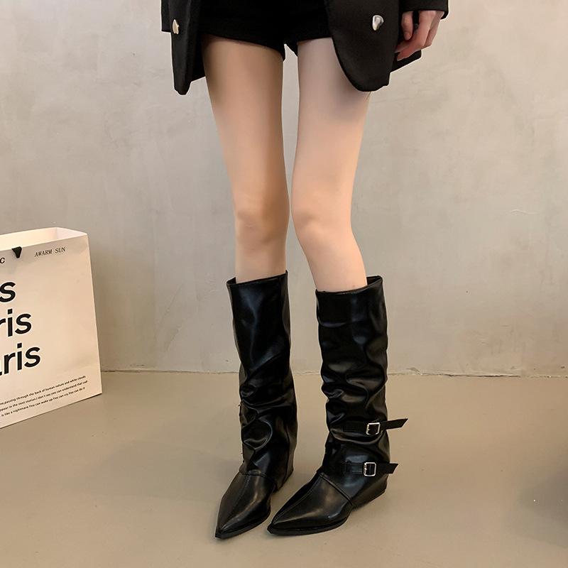 Retro thick heel pants boots pointed boots long boots women's 2025 new autumn and winter black stacking boots long knight boots