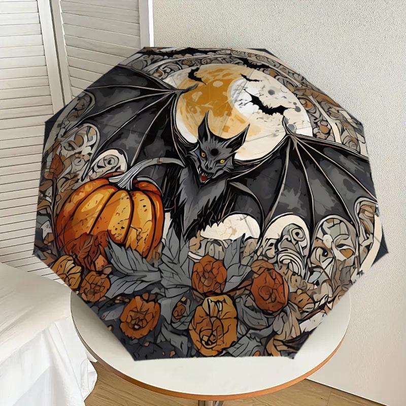 

1pc Halloween Bat with Pumpkins and Full Moon Umbrella with Plastic Handle,Suitable for All Seasons Travel Outdoor UmbrellaDD1287