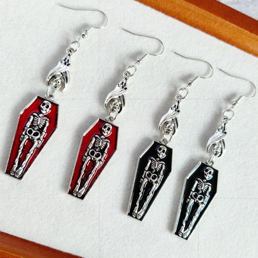Retro Skull Coffin Skeleton Pendant Earrings for Halloween