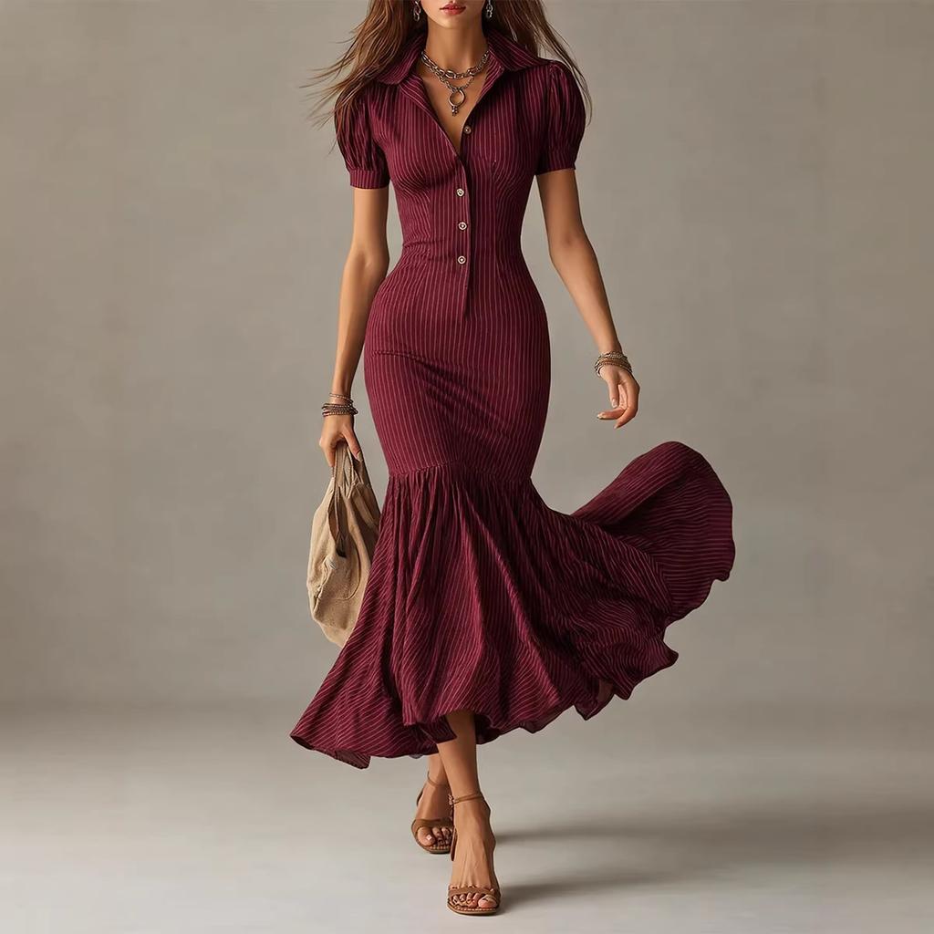 Europäisches und amerikanisches grenzüberschreitendes Amazon-Unternehmens-Standort elegantes lässiges kurzärmeliges gestreiftes Fischschwanzkleid für Damen neu